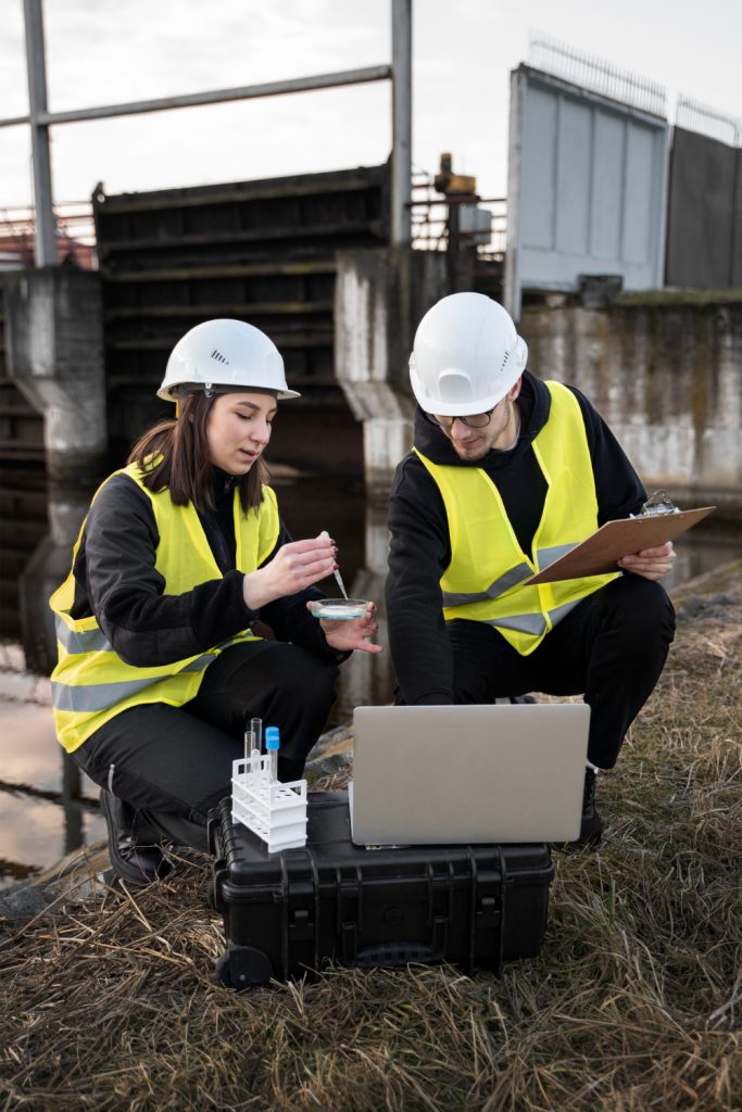 Two individuals analyze water samples